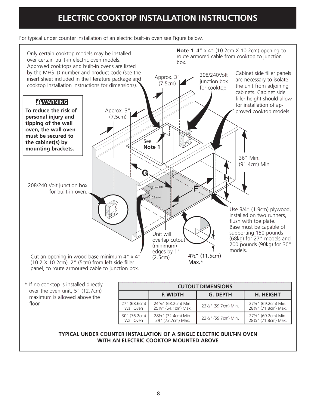 Frigidaire 318205403 installation instructions Cutout Dimensions, Depth Height 