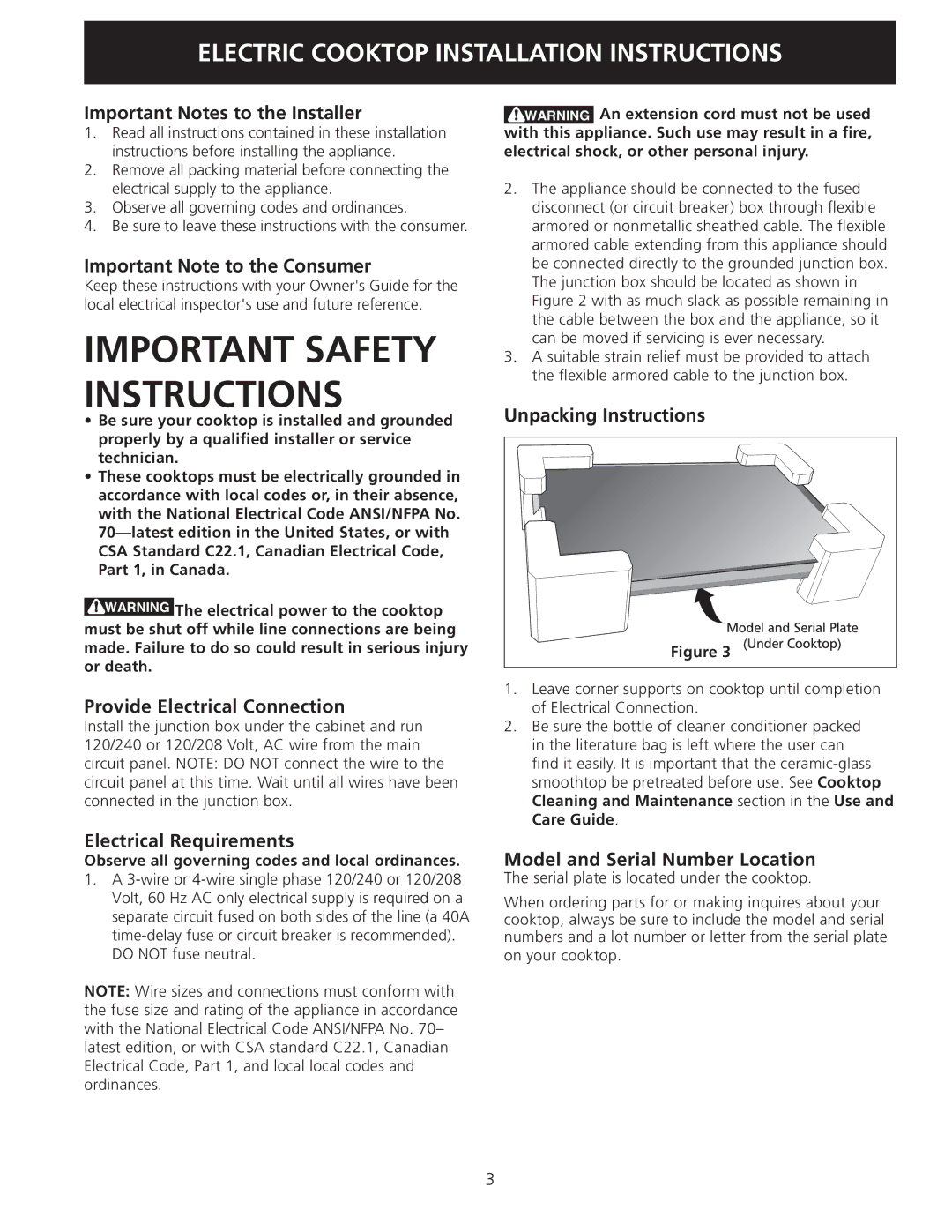 Frigidaire 318205408(0901) Important Notes to the Installer, Important Note to the Consumer, Provide Electrical Connection 