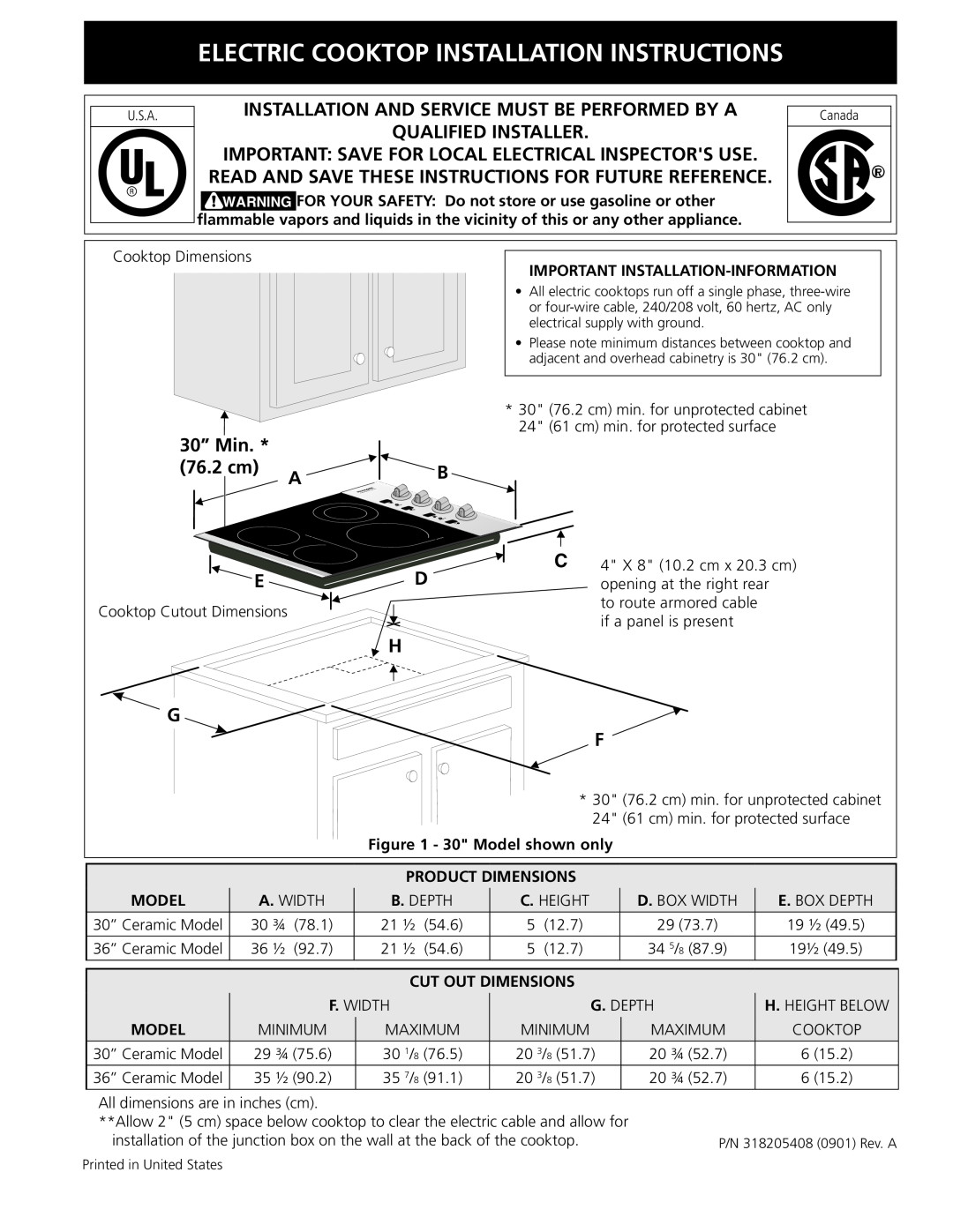 Frigidaire 318205408(0901) installation instructions Electric Cooktop Installation Instructions, 30” Min, 76.2 cm, H G F 