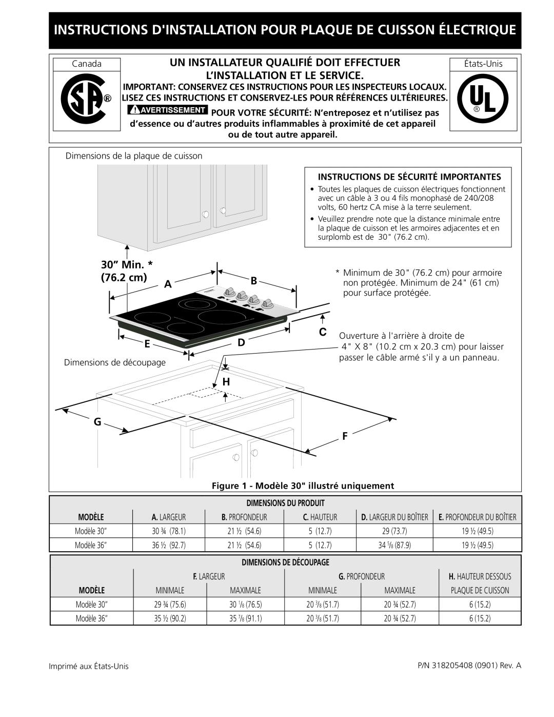 Frigidaire 318205408(0901) Instructions Dinstallation Pour Plaque De Cuisson Électrique, 30” Min, 76.2 cm, H G F 
