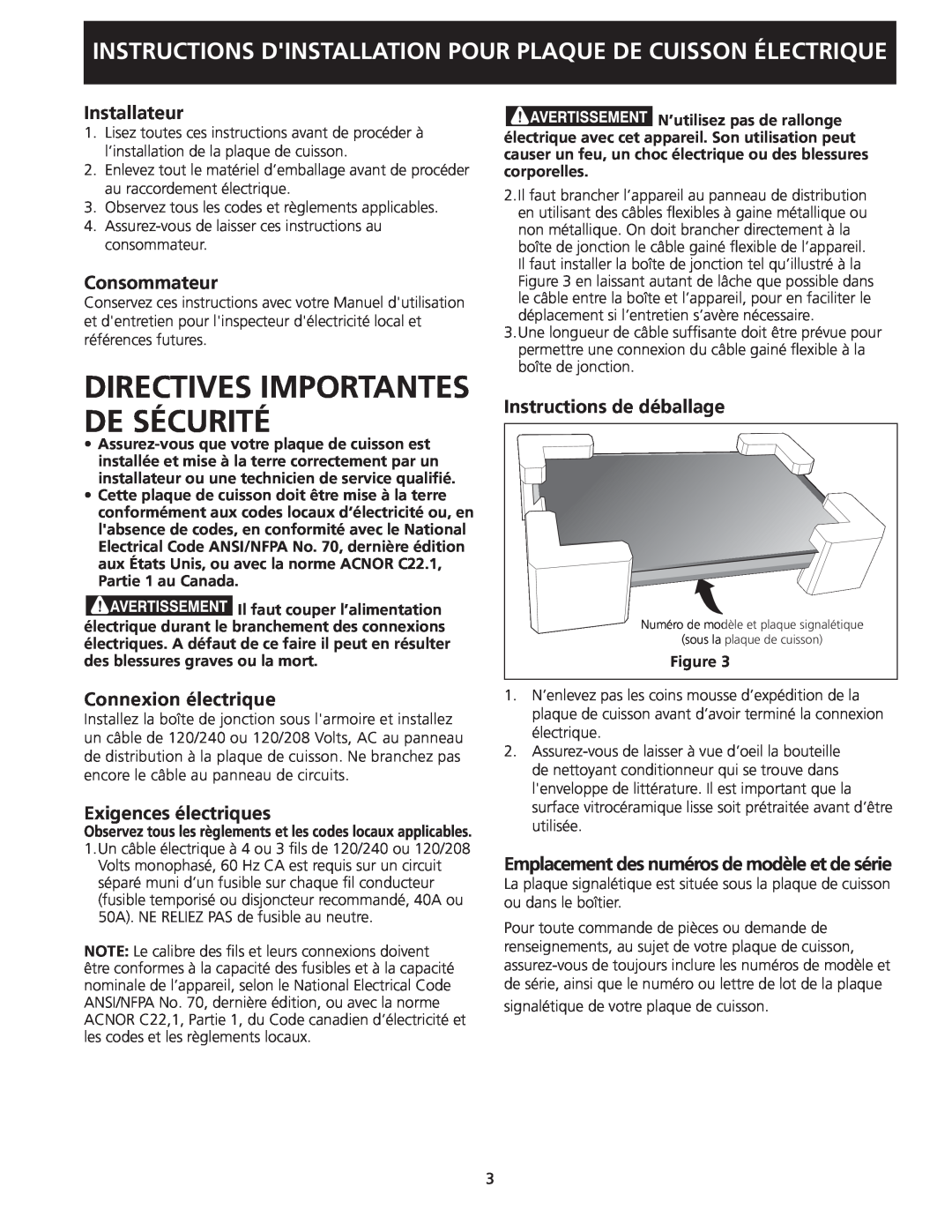 Frigidaire 318205408(0901) Directives Importantes De Sécurité, Installateur, Consommateur, Connexion électrique 