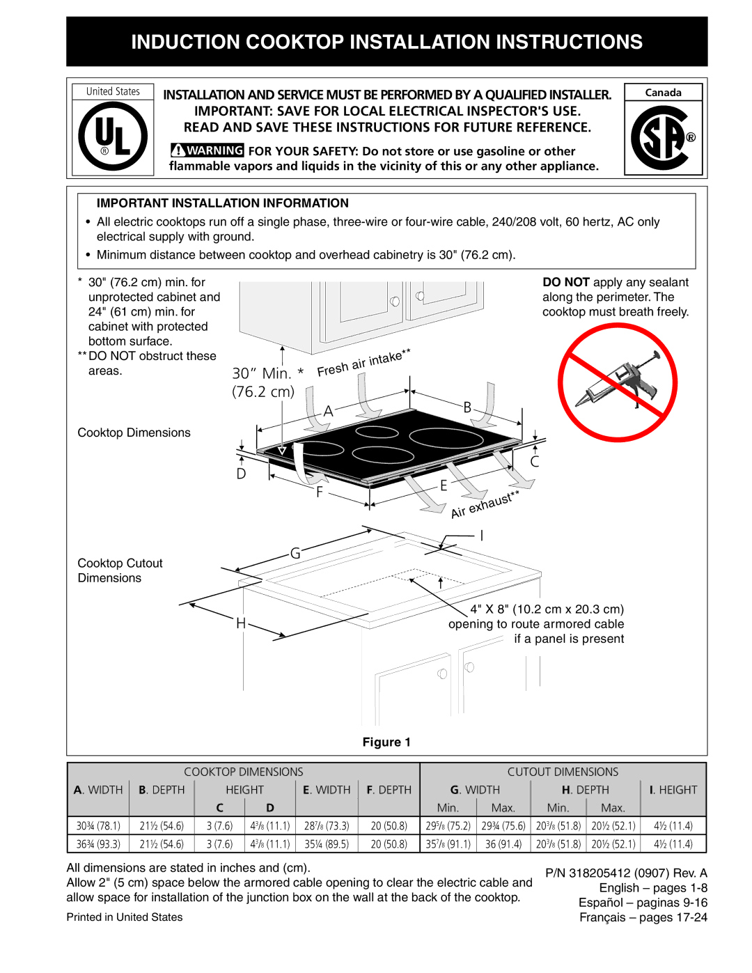 Frigidaire 318205412 installation instructions Induction Cooktop Installation Instructions 