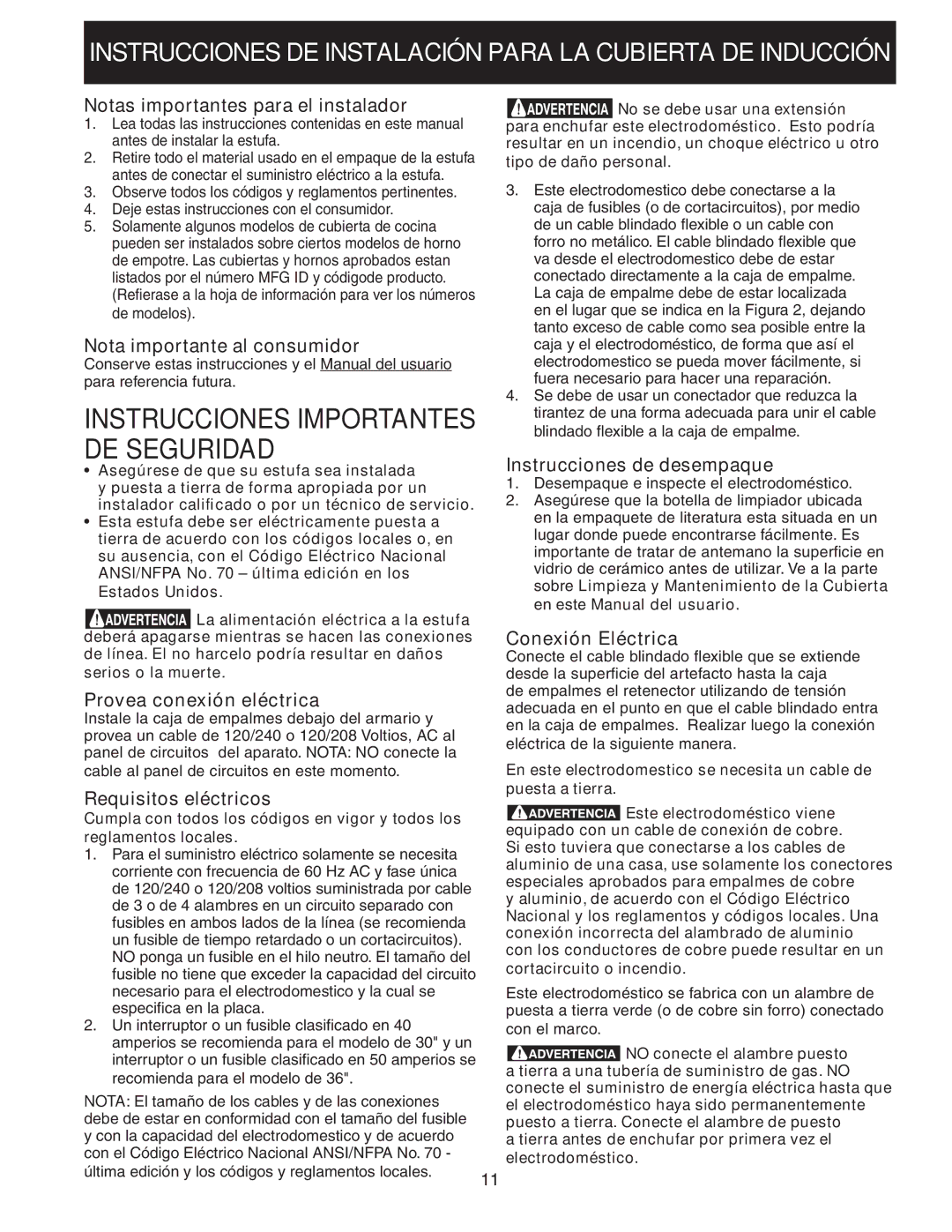 Frigidaire 318205412 Notas importantes para el instalador, Nota importante al consumidor, Provea conexión eléctrica 