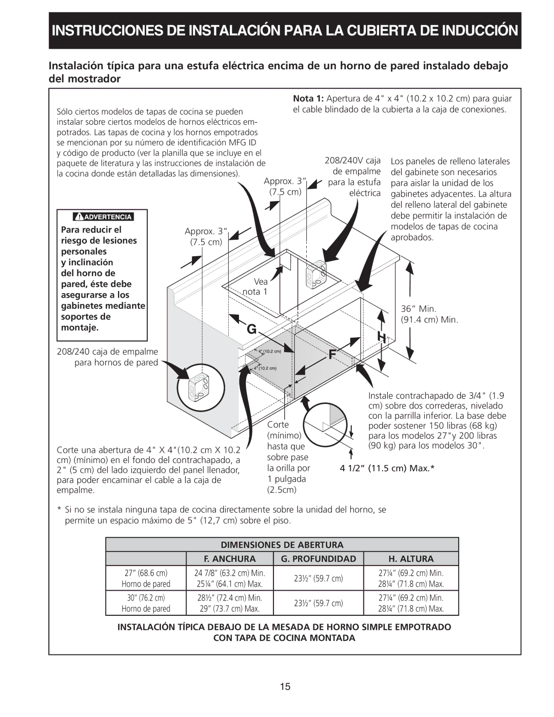 Frigidaire 318205412 Dimensiones DE Abertura Anchura Profundidad Altura, CON Tapa DE Cocina Montada 