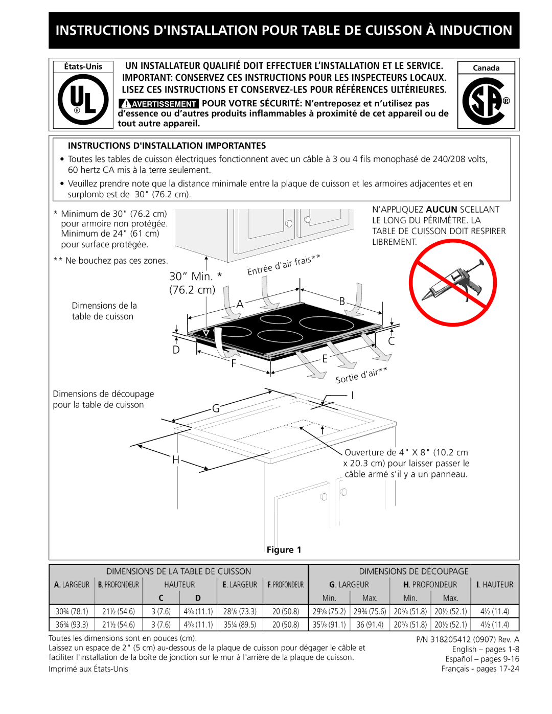 Frigidaire 318205412 installation instructions 30 Min. * 76.2 cm, Instructions Dinstallation Importantes 