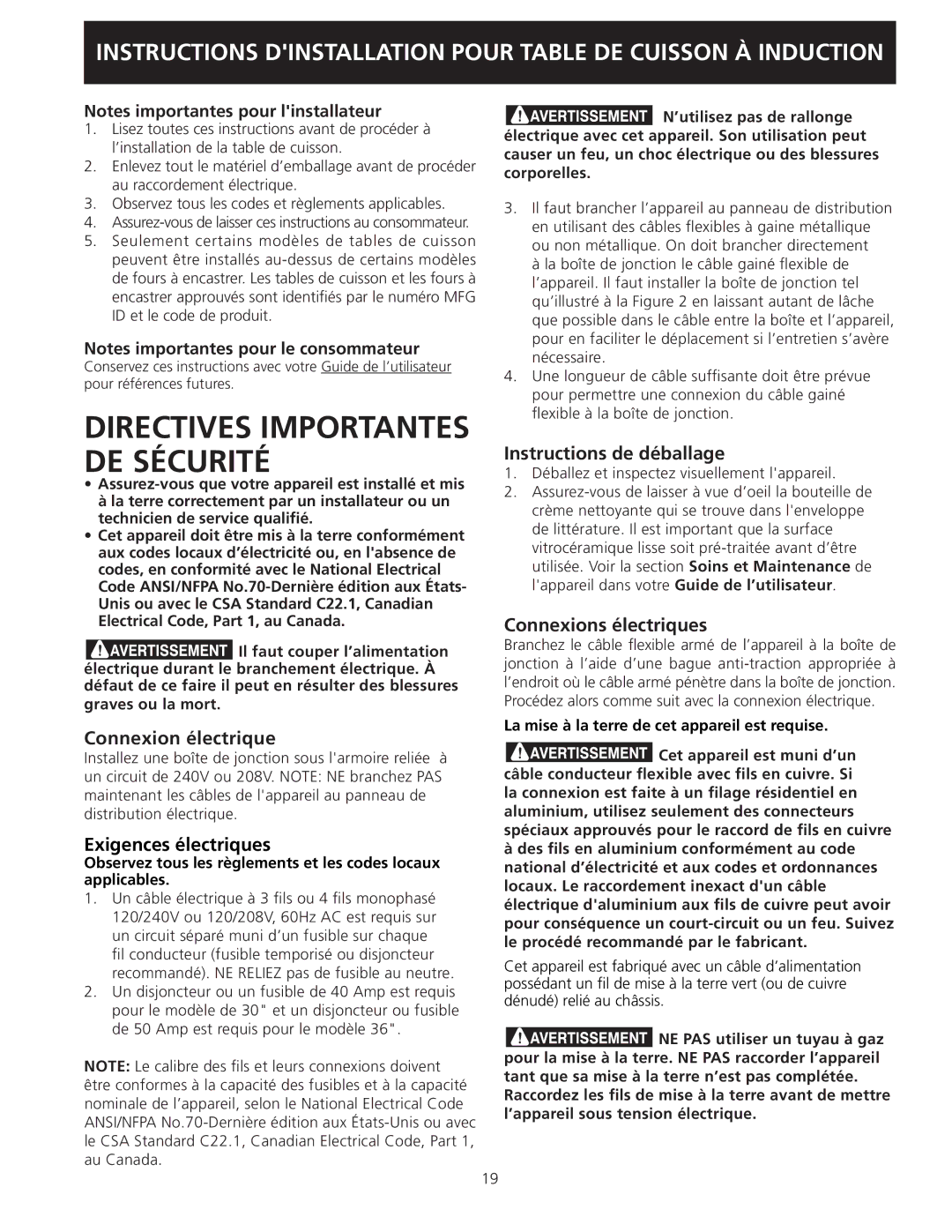 Frigidaire 318205412 installation instructions Directives Importantes DE Sécurité 