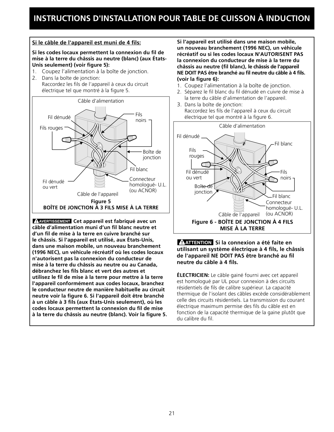 Frigidaire 318205412 installation instructions Boîte DE Jonction À 3 Fils Mise À LA Terre, Boîte DE Jonction À 4 Fils 