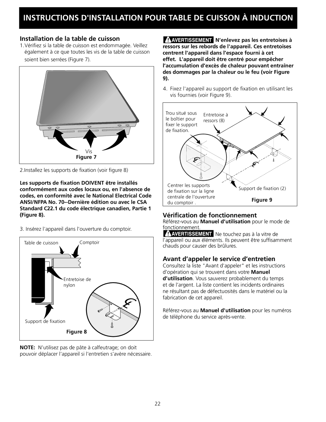 Frigidaire 318205412 installation instructions Installation de la table de cuisson 