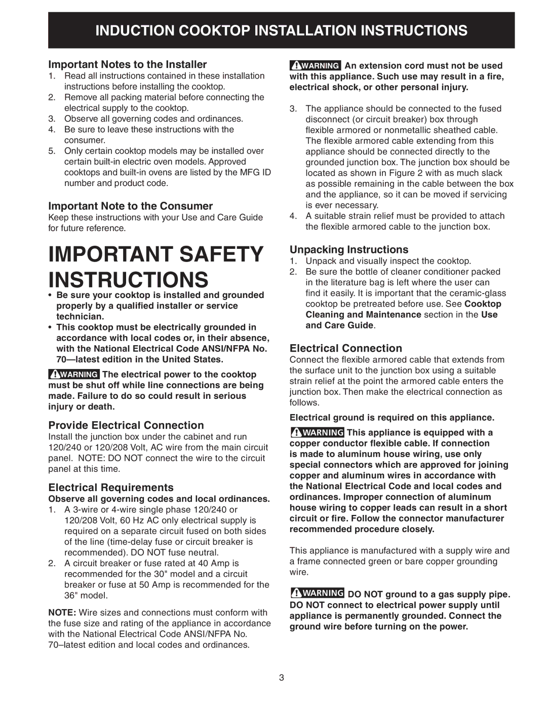 Frigidaire 318205412 Important Notes to the Installer, Important Note to the Consumer, Provide Electrical Connection 