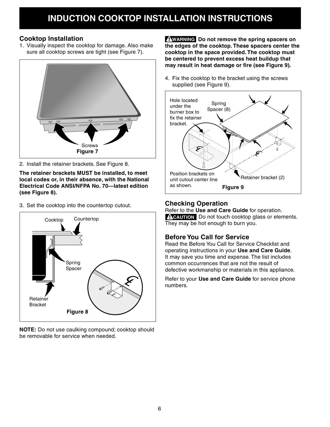 Frigidaire 318205412 installation instructions Cooktop Installation, Checking Operation, Before You Call for Service 