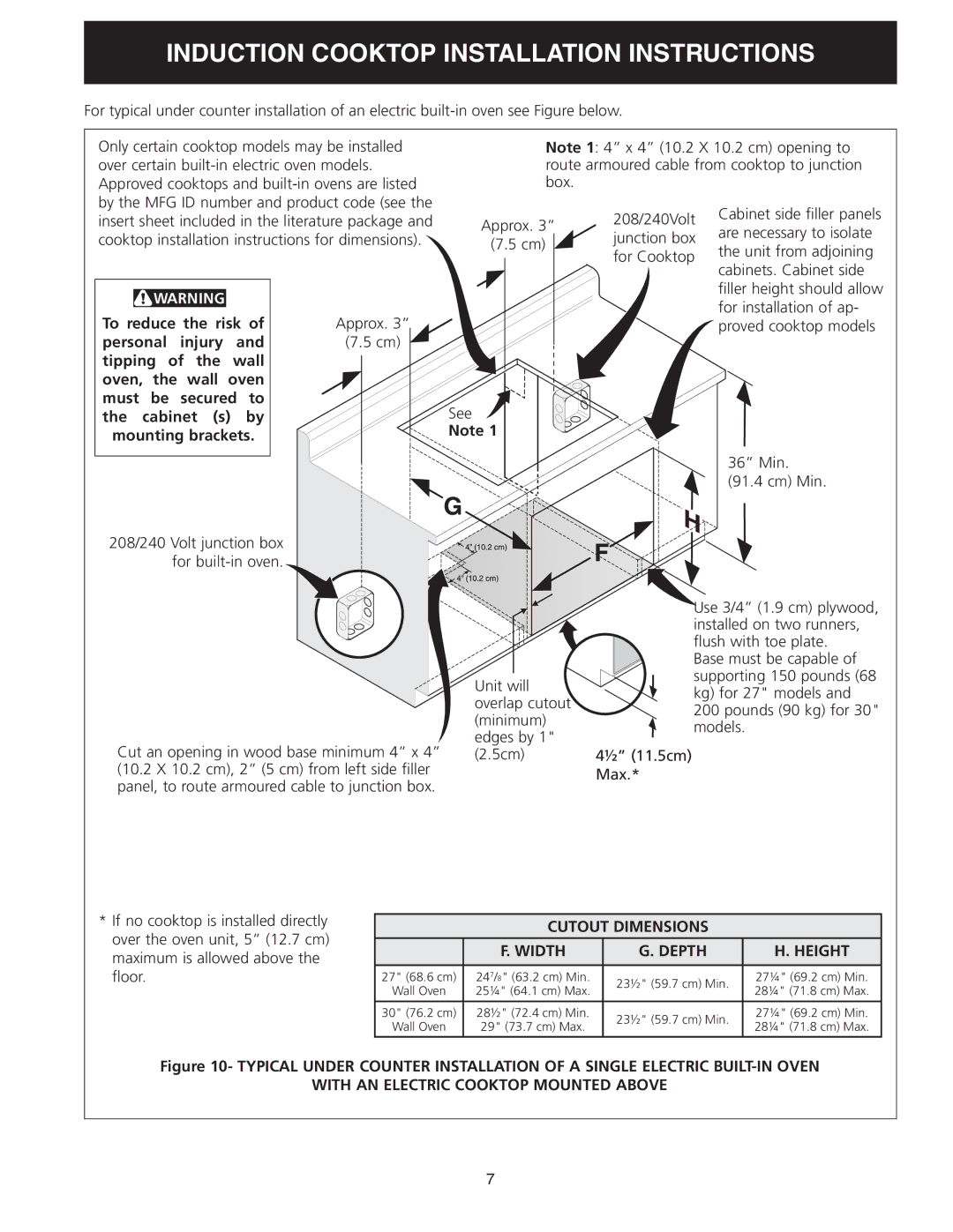 Frigidaire 318205412 installation instructions Cutout Dimensions Width Depth Height, With AN Electric Cooktop Mounted Above 