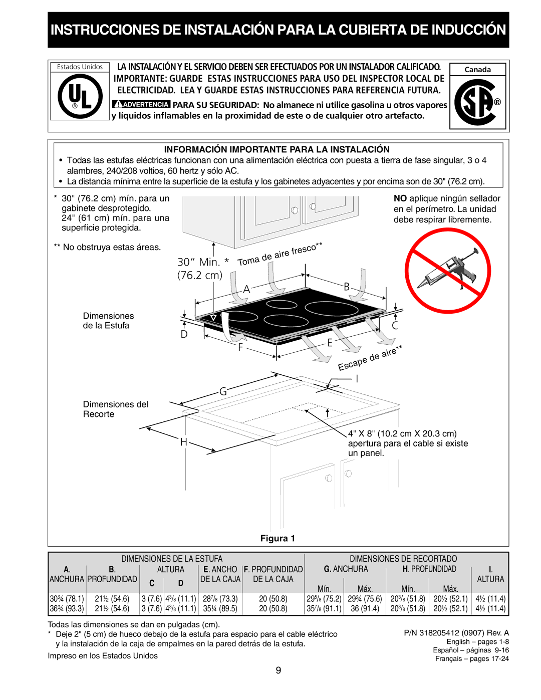 Frigidaire 318205412 installation instructions Instrucciones DE Instalación Para LA Cubierta DE Inducción 