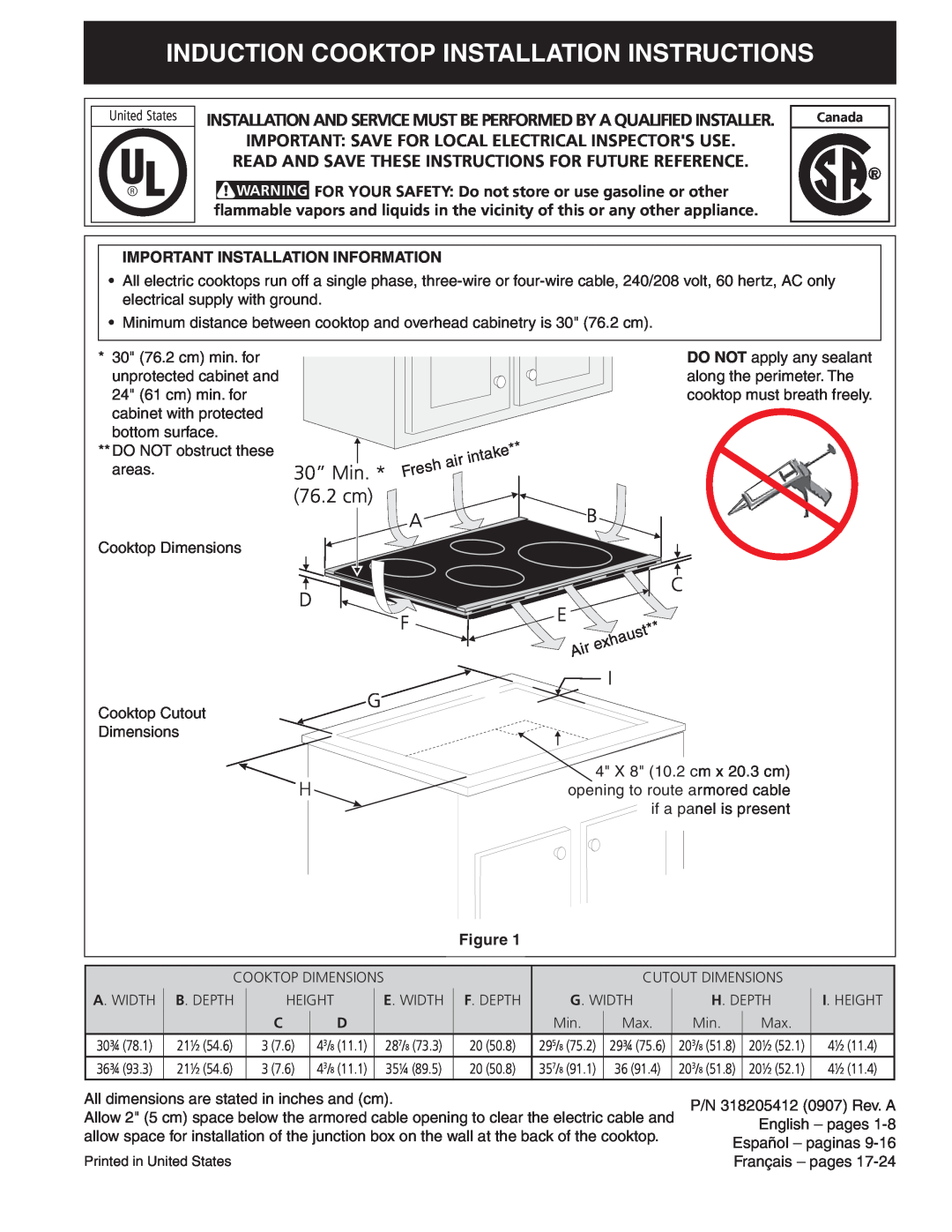 Frigidaire 318205412 installation instructions induction COOKTOP INSTALLATION INSTRUCTIONS 