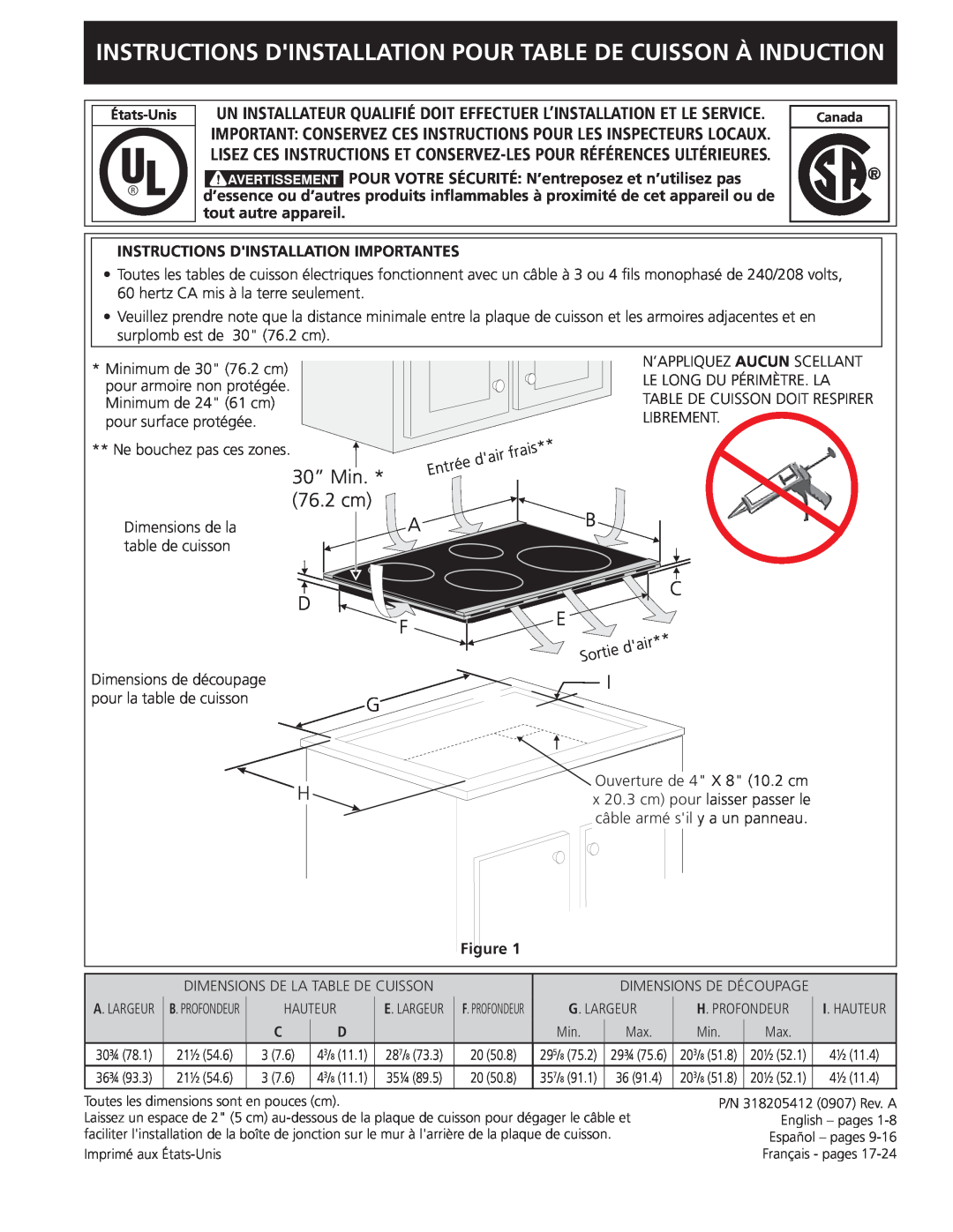 Frigidaire 318205412 Instructions Dinstallation Pour Table De Cuisson À Induction, 30” Min. * 76.2 cm 