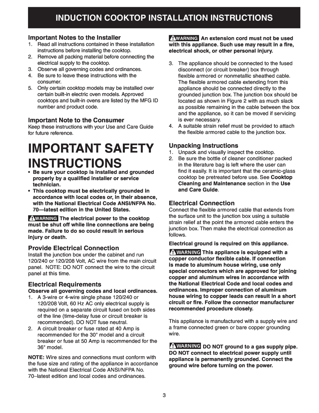 Frigidaire 318205412 Important Notes to the Installer, Important Note to the Consumer, Provide Electrical Connection 