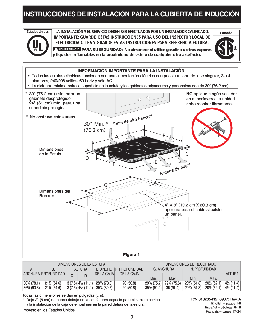 Frigidaire 318205412 Instrucciones De Instalación Para La Cubierta De Inducción, D F G H, 30” Min, 76.2 cm 