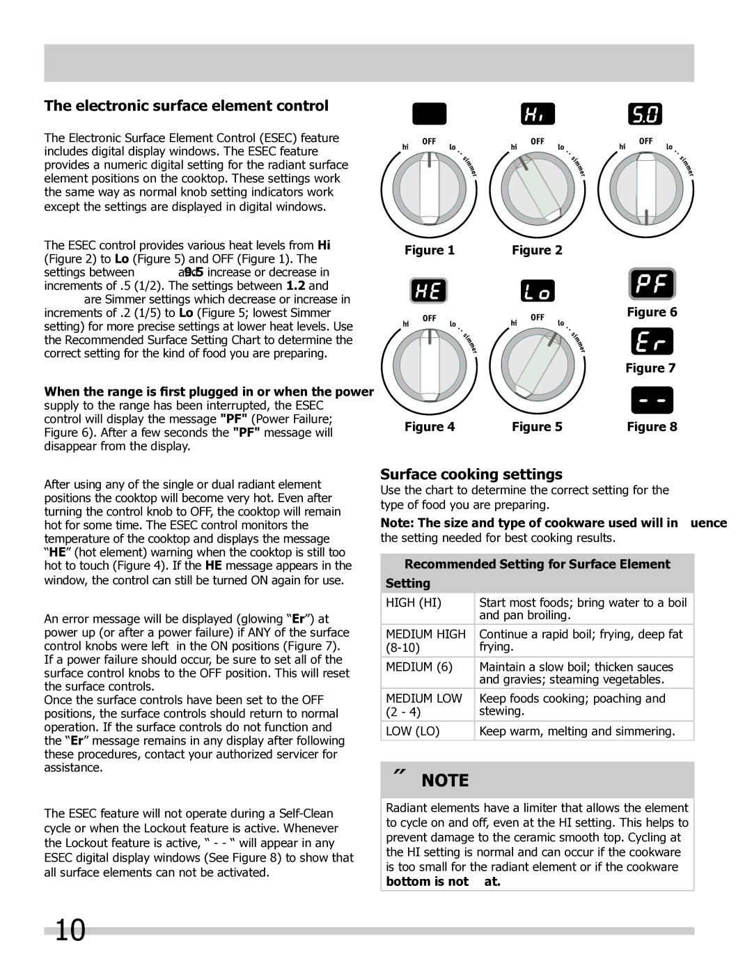 Frigidaire 318205804 manual Electronic surface element control Esec Models B & C only, Available Esec display settings 