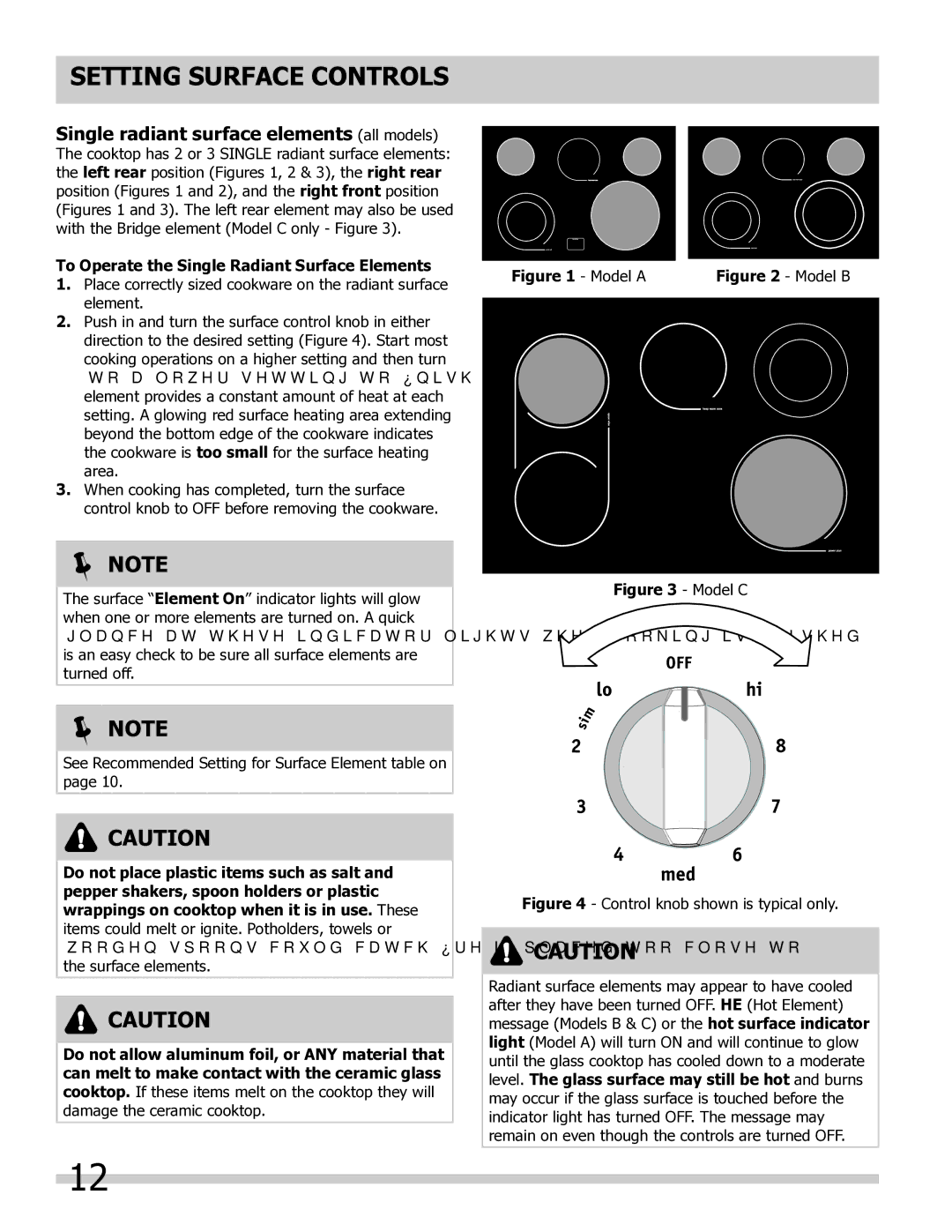 Frigidaire 318205804 manual Setting surface controls, To Operate the Single Radiant Surface Elements 