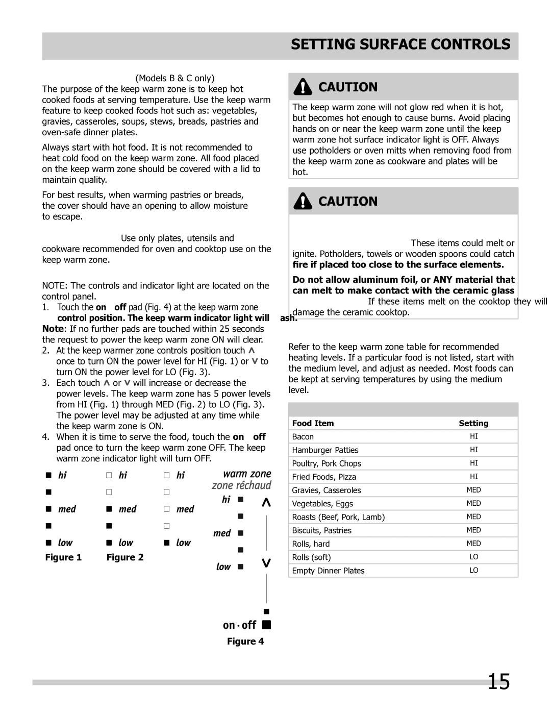 Frigidaire 318205804 manual Keep warm zone recommended food settings table Food Item 