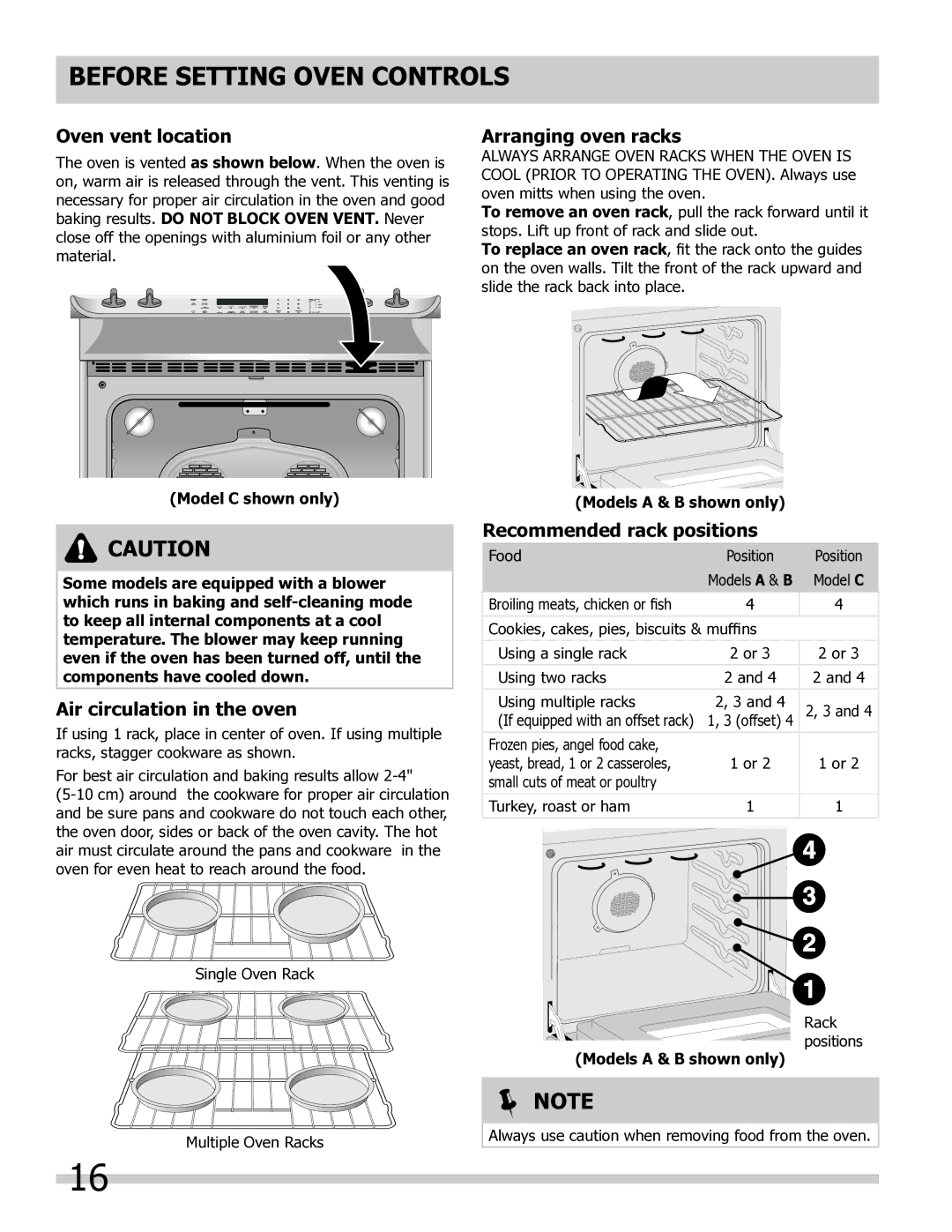 Frigidaire 318205804 Oven vent location, Arranging oven racks, Air circulation in the oven, Recommended rack positions 