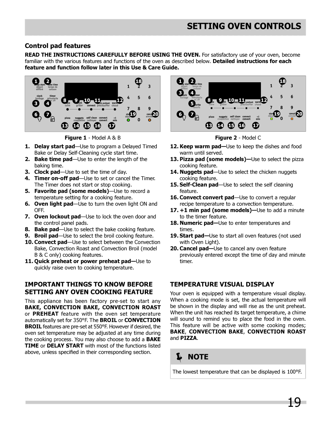 Frigidaire 318205804 manual Setting Oven controls, Control pad features, Temperature Visual Display 