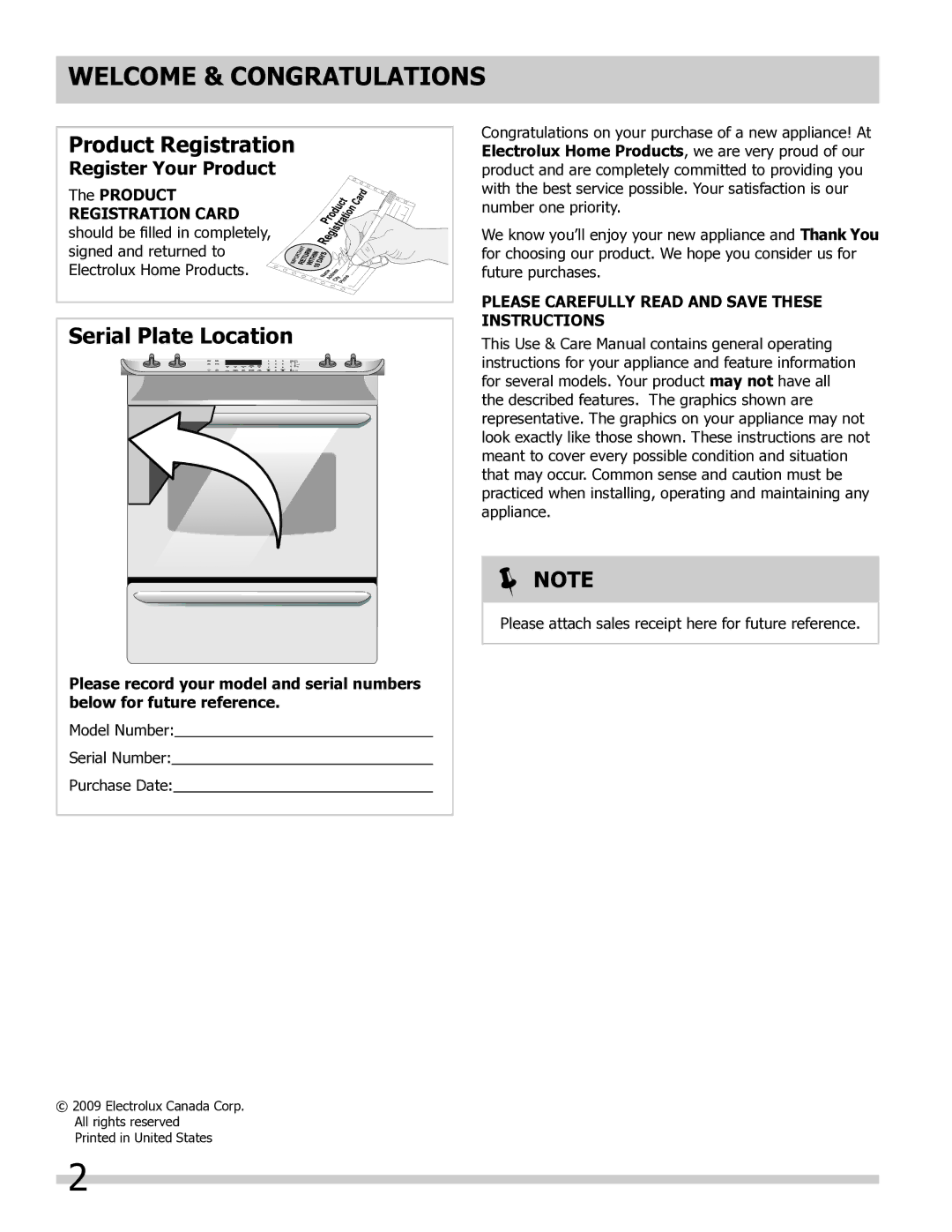 Frigidaire 318205804 Welcome & Congratulations, Register Your Product, Please Carefully read and save these instructions 