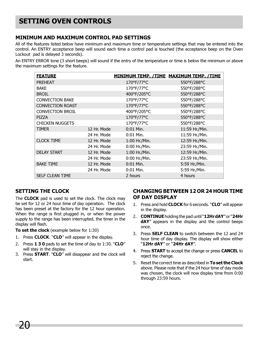 Frigidaire 318205804 manual Minimum and Maximum Control Pad Settings, Setting the Clock 