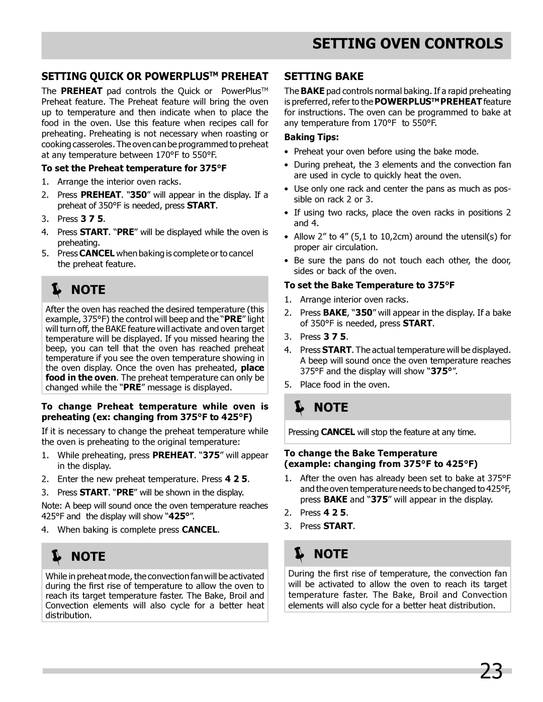 Frigidaire 318205804 manual Setting Quick or Powerplustm Preheat, Setting Bake, To set the Preheat temperature for 375F 