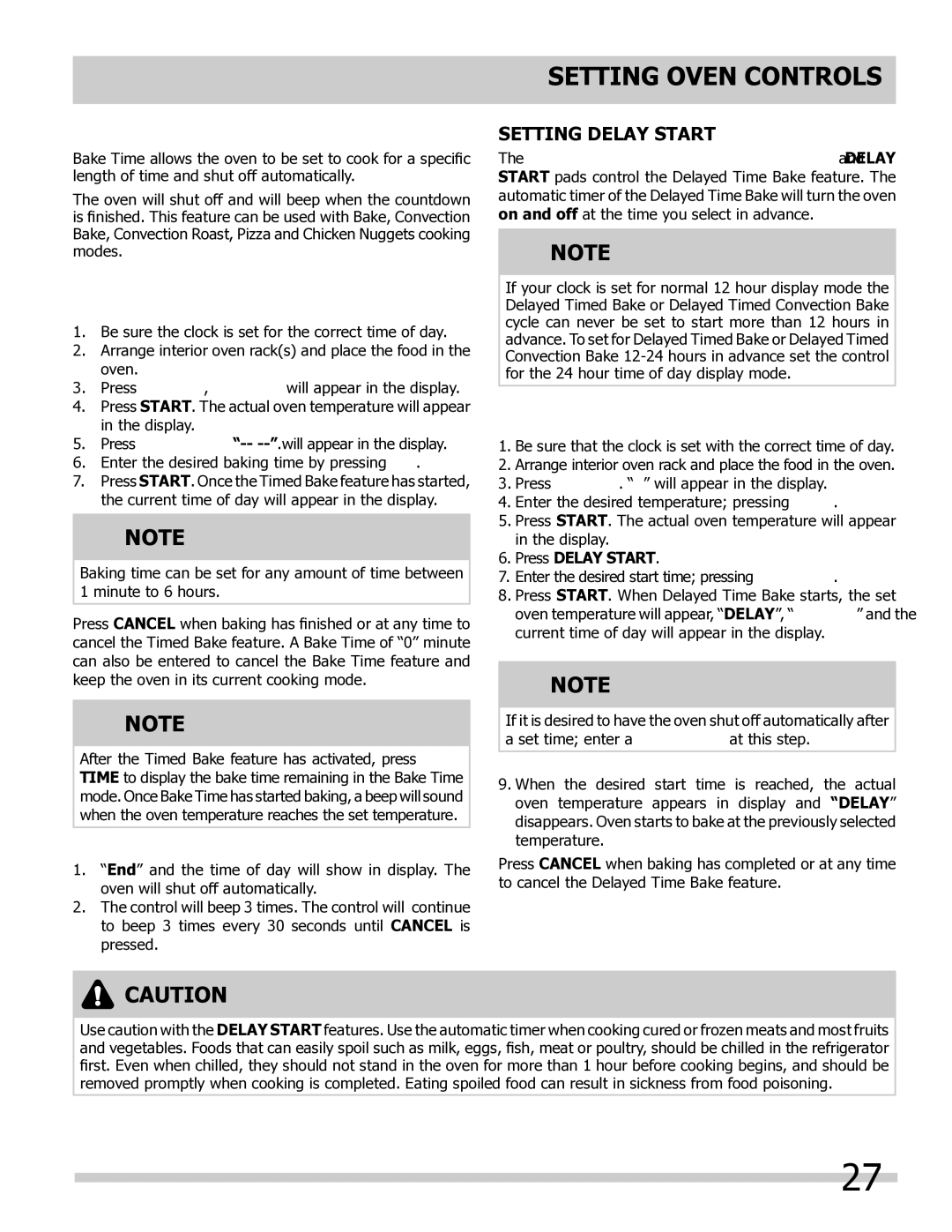 Frigidaire 318205804 manual Setting Bake Time, Setting Delay Start, When the timed bake finishes, Press Delay Start 