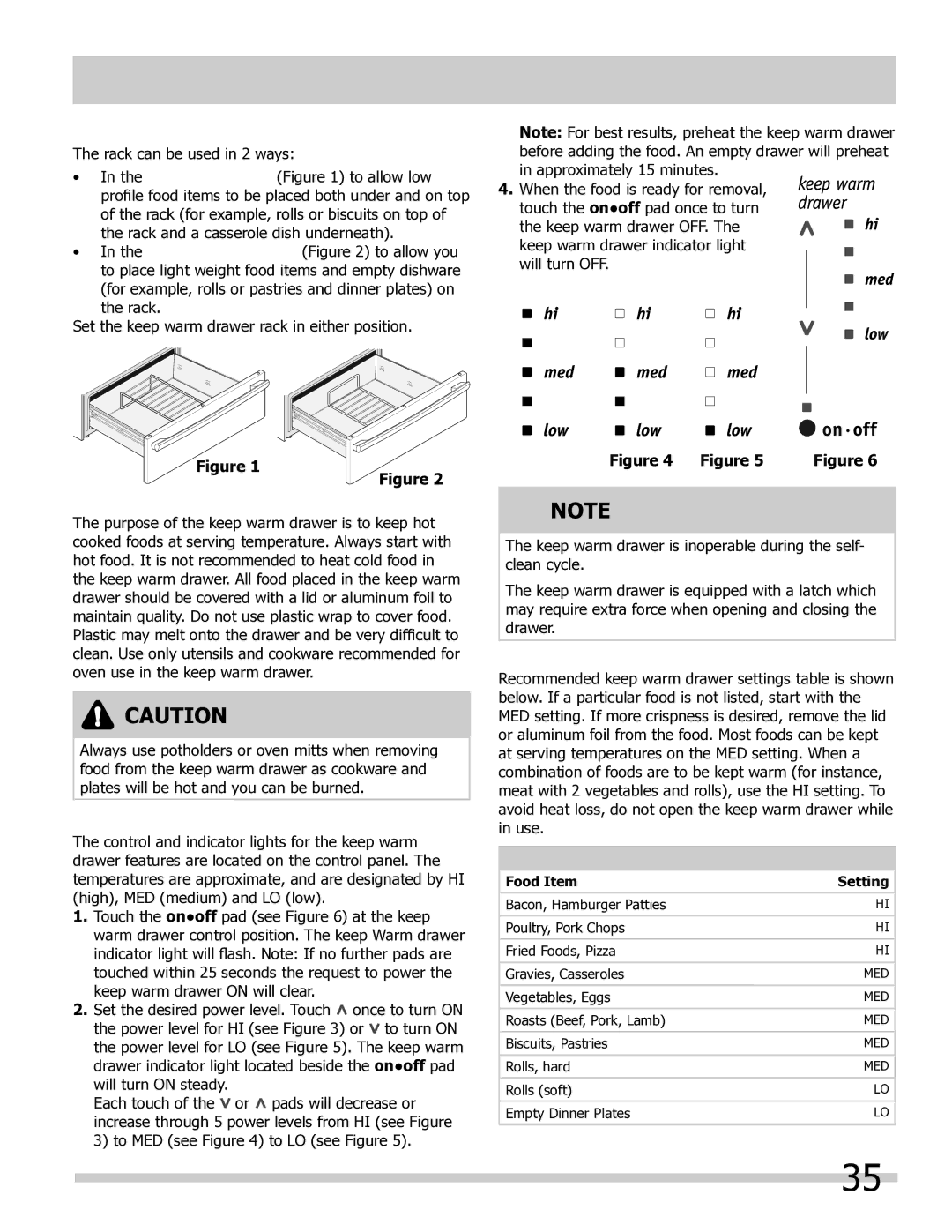 Frigidaire 318205804 manual Setting Keep warm drawer control If equipped, Keep warm drawer rack positions 