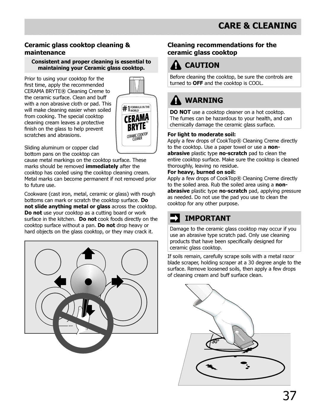 Frigidaire 318205804 manual Care & Cleaning, Ceramic glass cooktop cleaning & maintenance, For light to moderate soil 