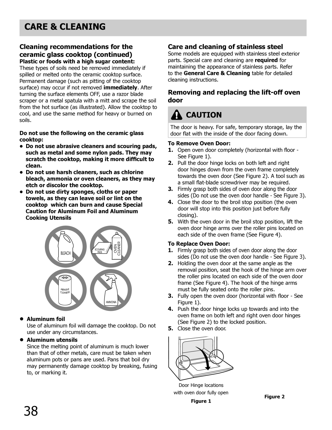 Frigidaire 318205804 manual Care and cleaning of stainless steel, Removing and replacing the lift-off oven door 