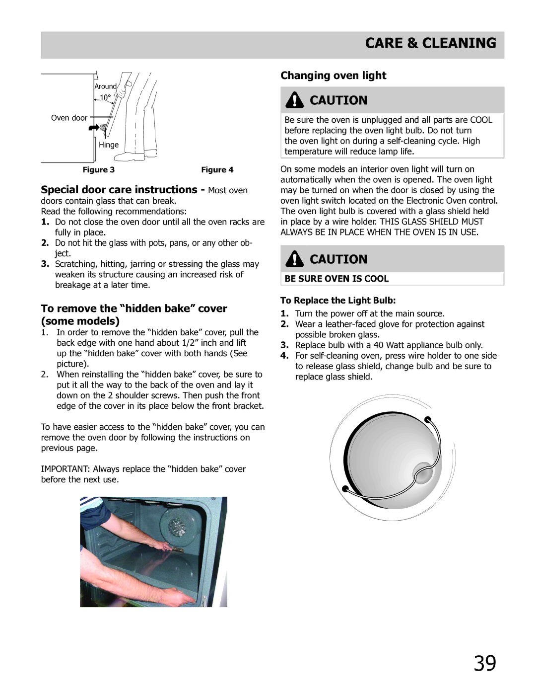 Frigidaire 318205804 manual To remove the hidden bake cover some models, Changing oven light, To Replace the Light Bulb 