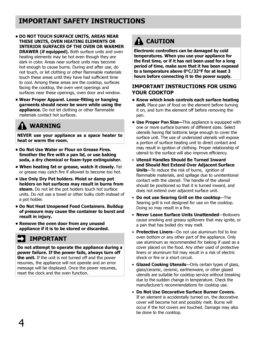 Frigidaire 318205804 manual Important Instructions for Using Your cooktop, Do Not Use Decorative Surface Burner Covers 