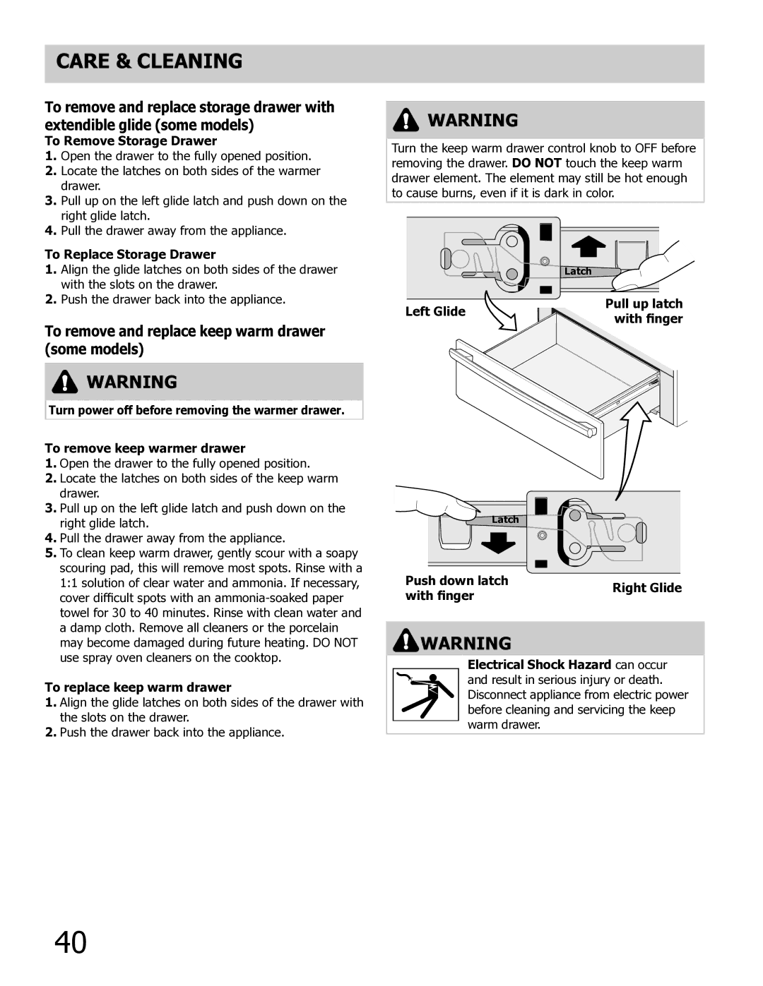 Frigidaire 318205804 manual To remove and replace keep warm drawer some models 