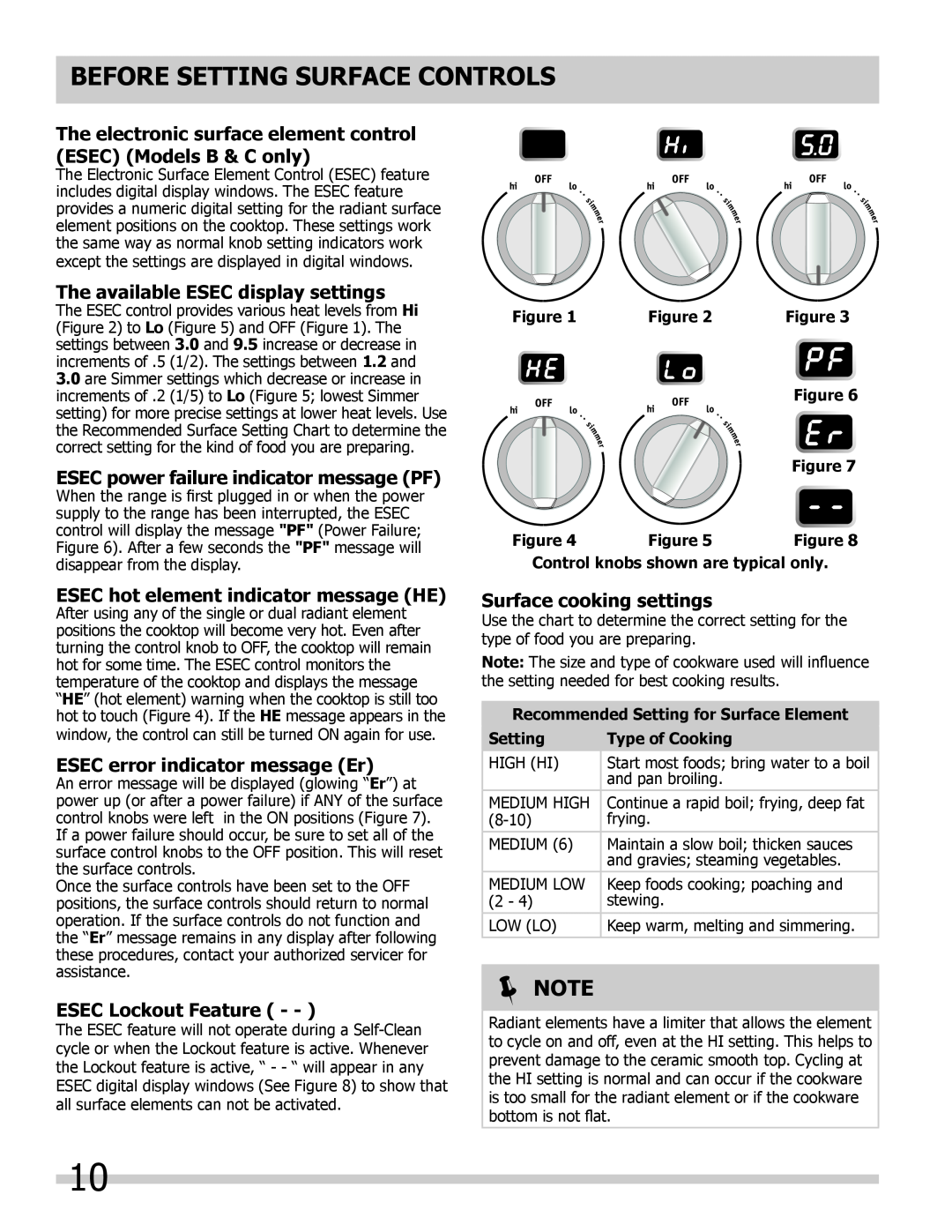 Frigidaire 318205804 The electronic surface element control ESEC Models B & C only, The available ESEC display settings 