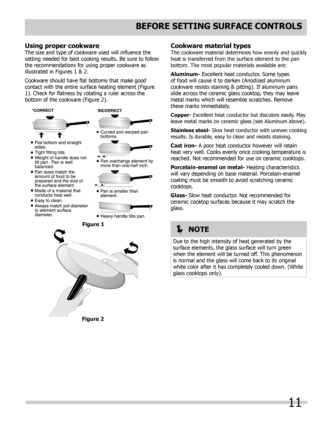 Frigidaire 318205804 manual Using proper cookware, Cookware material types, BEFORE Setting surface controls,  Note 