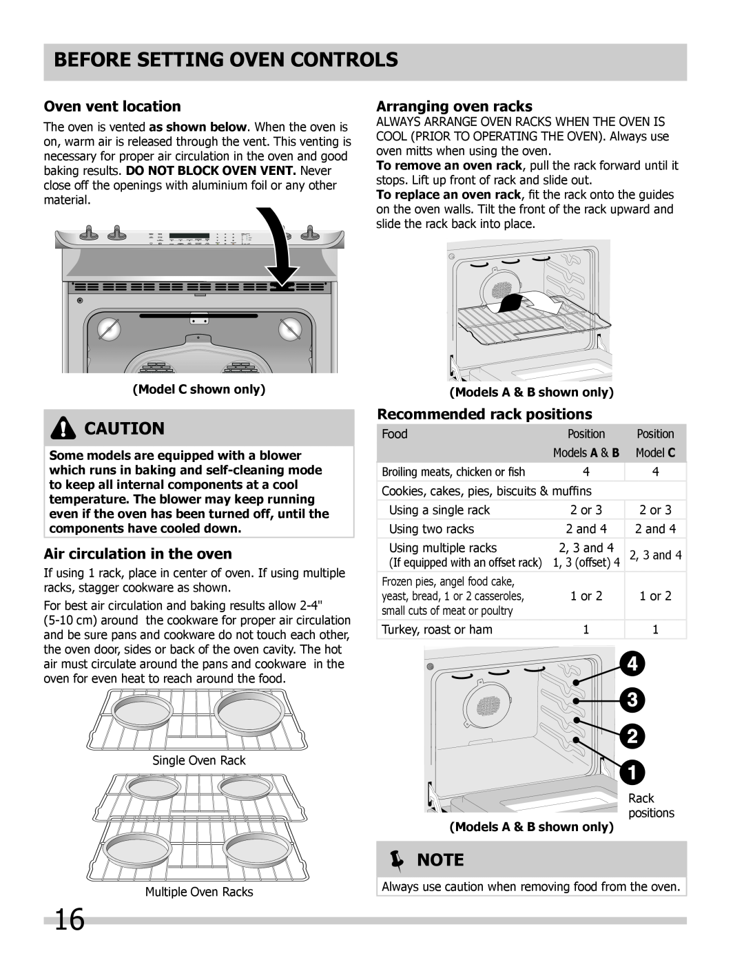 Frigidaire 318205804 Before Setting Oven Controls, Oven vent location, Arranging oven racks, Air circulation in the oven 