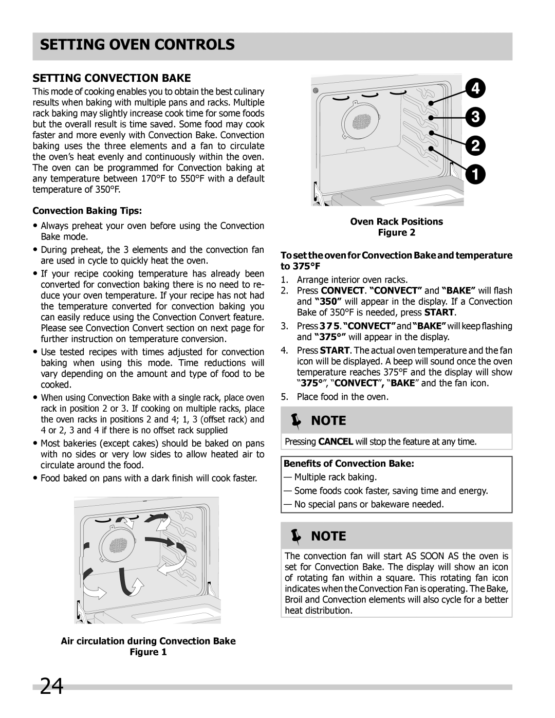 Frigidaire 318205804 manual Setting Convection Bake, Convection Baking Tips, Air circulation during Convection Bake,  Note 