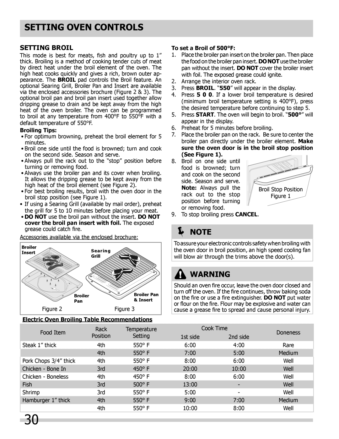 Frigidaire 318205804 Setting Broil, Broiling Tips, Electric Oven Broiling Table Recommendations, To set a Broil of 500F 