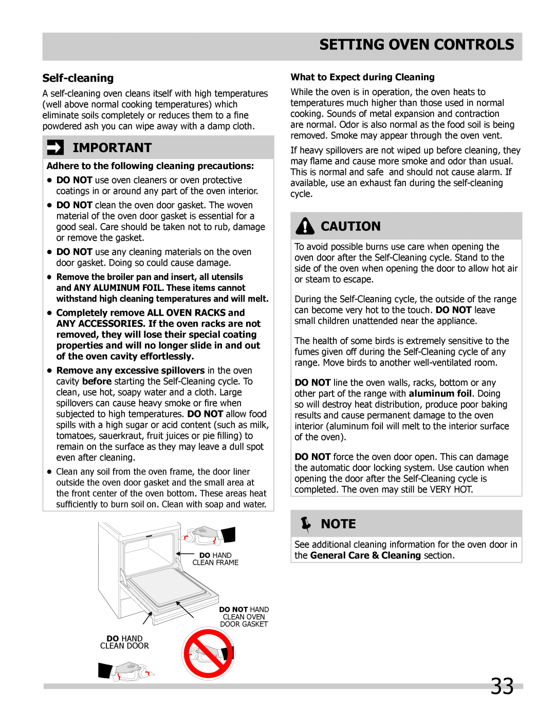 Frigidaire 318205804 Self-cleaning, Adhere to the following cleaning precautions, What to Expect during Cleaning,  Note 