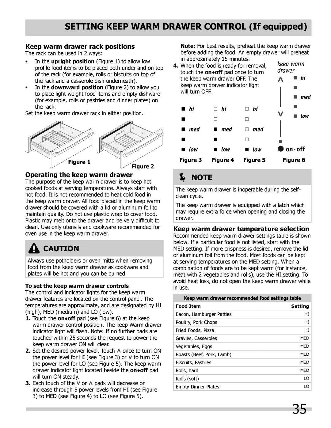 Frigidaire 318205804 manual Setting Keep warm drawer control If equipped, Keep warm drawer rack positions, Figure,  Note 