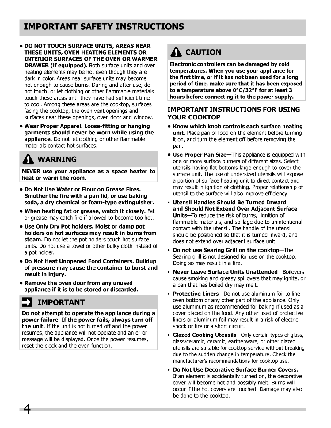 Frigidaire 318205804 manual IMPORTANT INSTRUCTIONS FOR USING YOUR cooktop, Do Not Touch Surface Units, Areas Near 