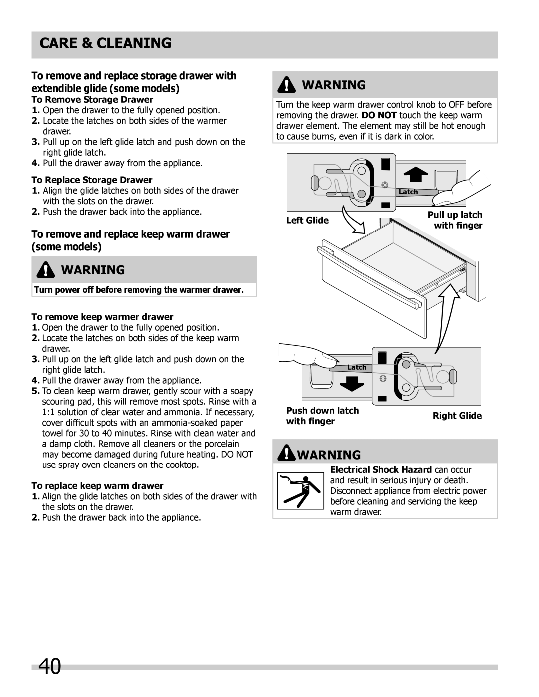 Frigidaire 318205804 manual To remove and replace keep warm drawer some models, To Remove Storage Drawer, Left Glide 