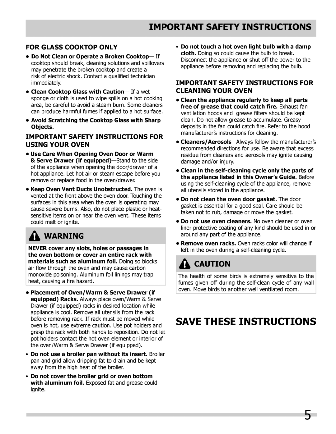 Frigidaire 318205804 For Glass Cooktop Only, Important Safety Instructions For Using Your Oven, Save These Instructions 