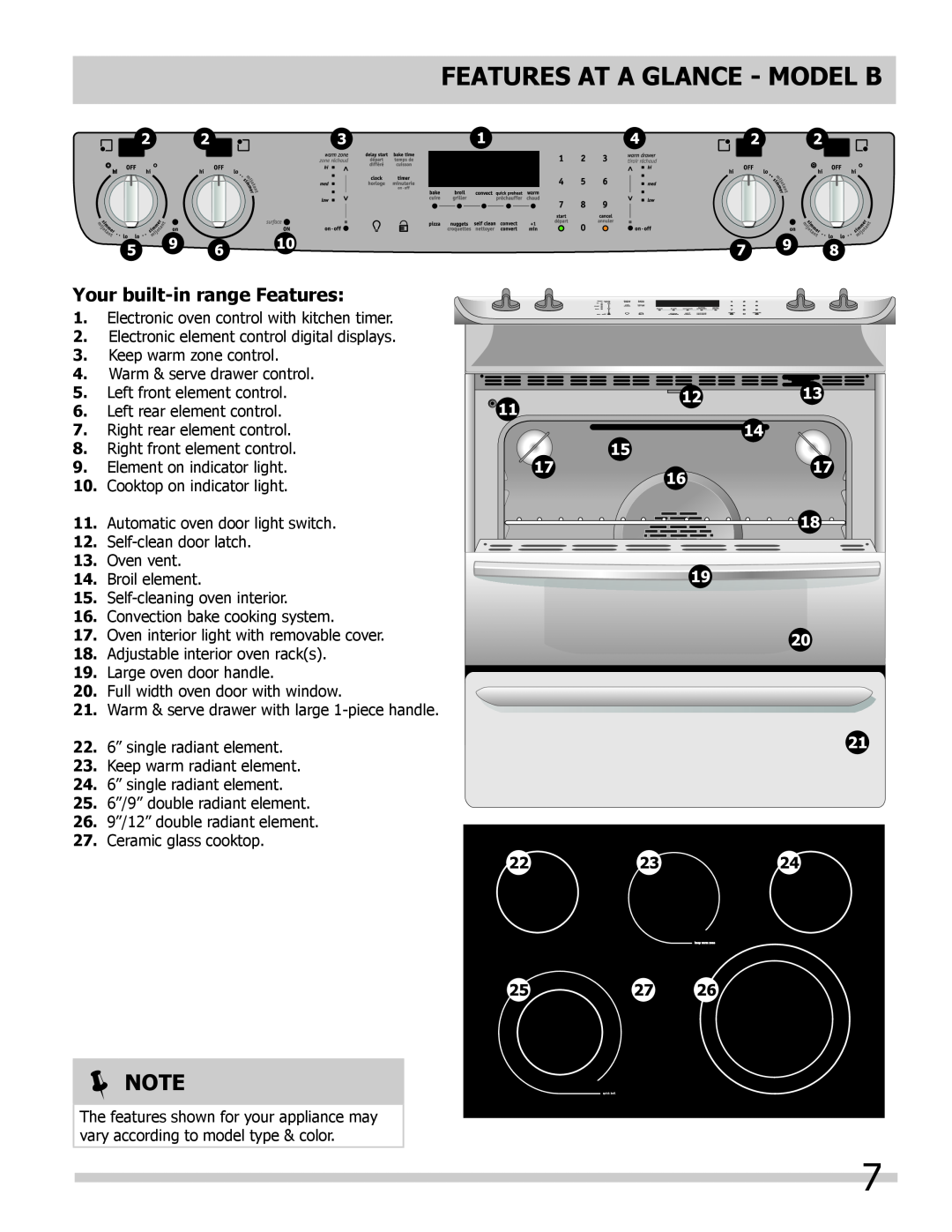 Frigidaire 318205804 manual FEATURES AT A GLANCE - mODEL B,  Note, Your built-in range Features 