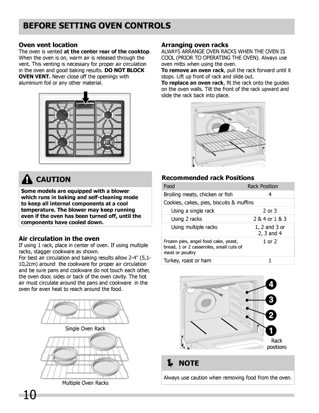 Frigidaire 318205852 Oven vent location, Arranging oven racks, Air circulation in the oven, Recommended rack Positions 