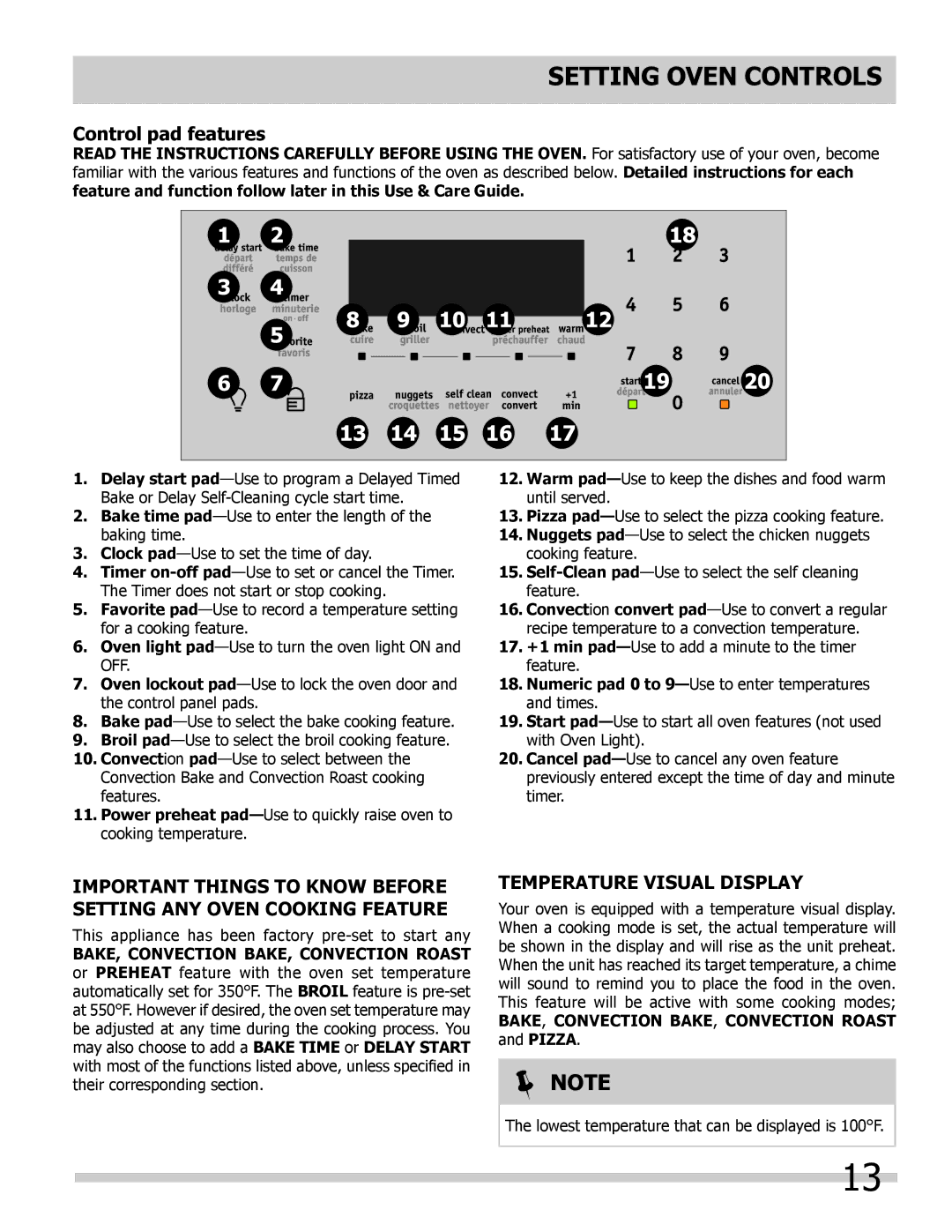 Frigidaire 318205852 manual Setting Oven controls, Control pad features, Temperature Visual Display 