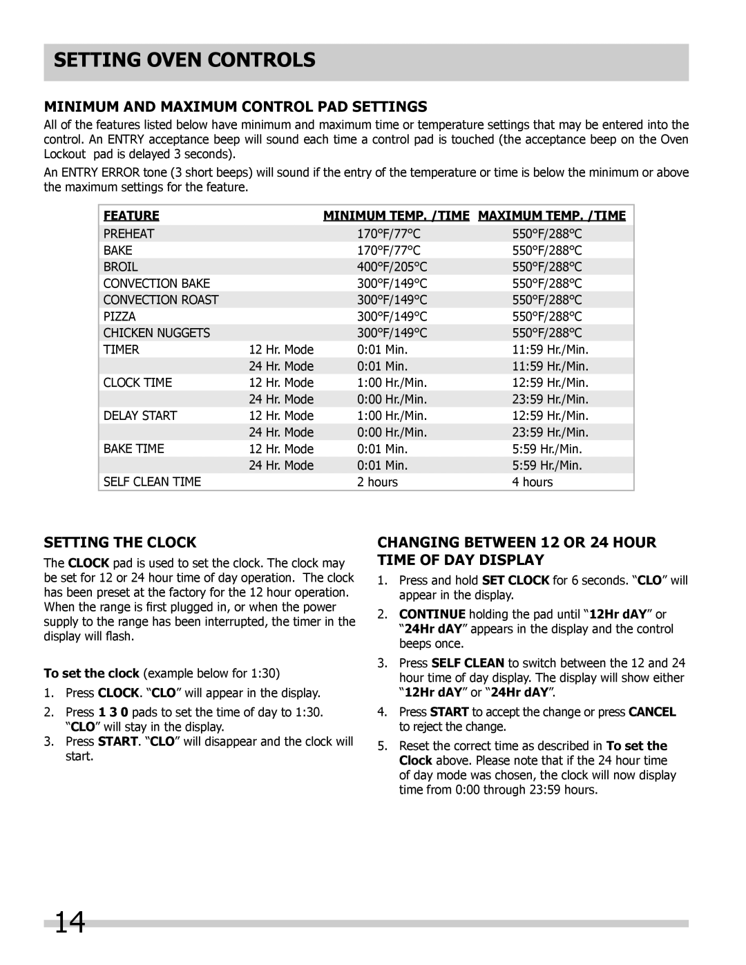 Frigidaire 318205852 manual Minimum and Maximum Control Pad Settings, Setting the Clock 