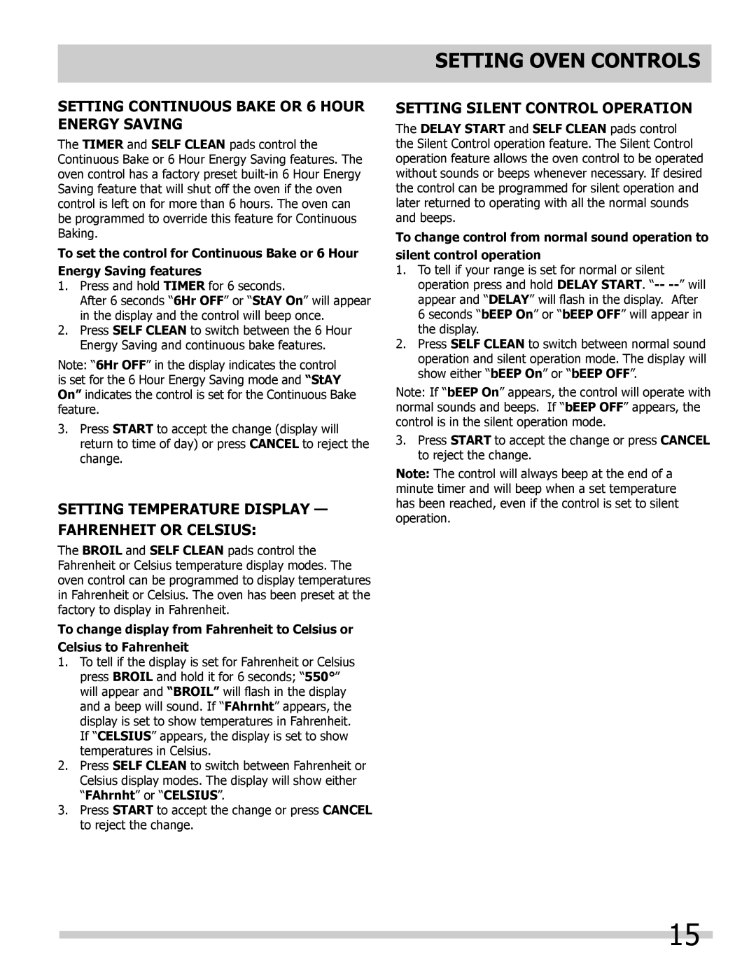 Frigidaire 318205852 Setting Continuous Bake or 6 Hour Energy Saving, Setting Temperature Display Fahrenheit or Celsius 